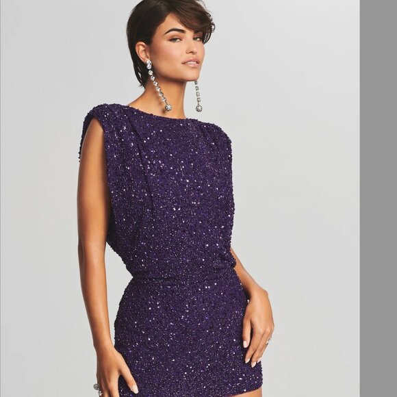Retrofete Berline Sequin Mini Dress Purple Size L Open Back NWT - Picture 1 of 8